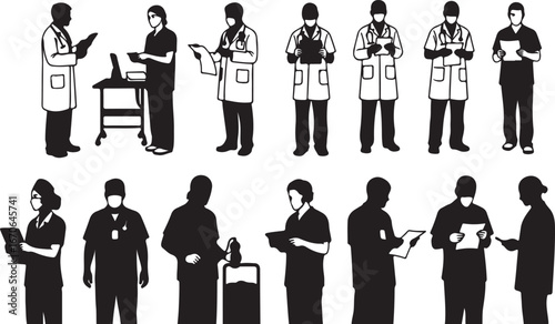 Diverse group of medical professionals in silhouette standing and holding documents