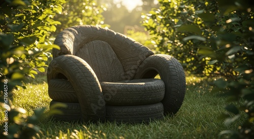 A cozy, sustainably designed armchair, ingeniously built from recycled tires, offers unique eco-friendly outdoor seating nestled in a vibrant green natural setting