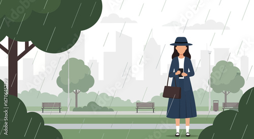 Woman walking in a park during a rainy day enjoying phone app amid cityscape