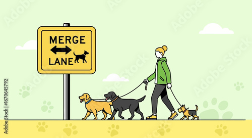 Woman Walking Multiple Dogs near a Funny Merge Lane Sign Artwork