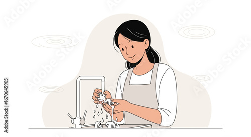 Woman Washing Mushrooms In The Kitchen Sink Food Preparation Illustration