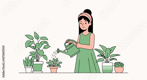 Woman Watering Potted Plants At Home Indoor Gardening And Houseplants