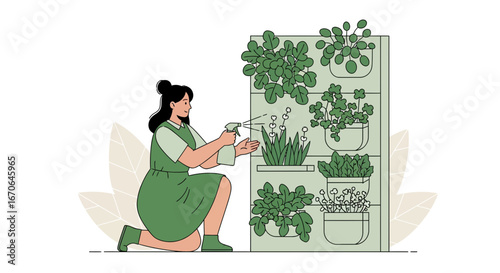 Woman Watering Vertical Garden Displaying Hobby And Home Decor With Plants