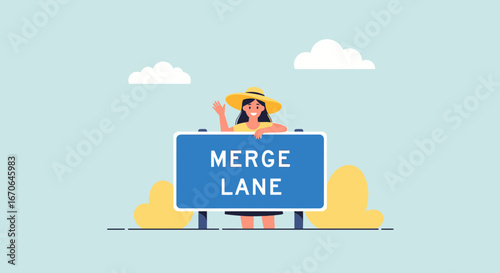 Woman waving from behind a merge lane sign with clouds background art illustration