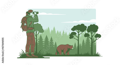 Woman With Binoculars Observes a Bear During an Outdoor Adventure Trip