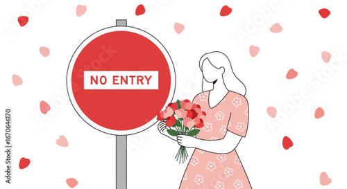 Woman With Flowers Standing Next To A Red No Entry Sign With Hearts