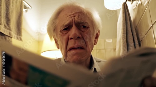 old man with white hair is reading newspaper while sitting on toilet in the toilet with serious expression. It's hard for him, he can't do it. concept of old people in toilet.