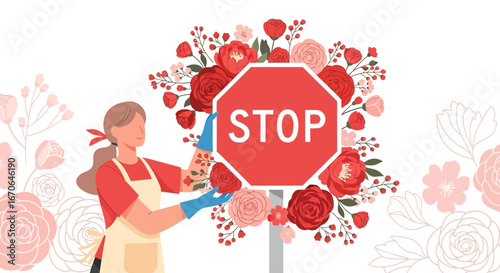 Woman With Gloves Installing A Stop Sign Surrounded By Flowers