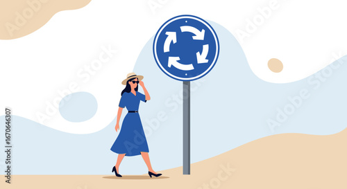 Woman With Straw Hat Walks Next To A Roundabout Sign In The City Street