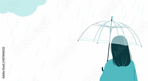 Woman With Umbrella In Minimalist Rainy Scene Digital Illustration