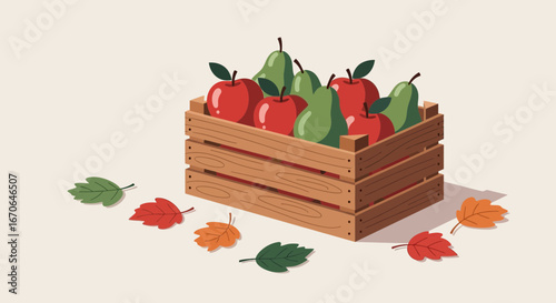 Wooden Crate Filled With Apples And Pears In Autumn Still Life