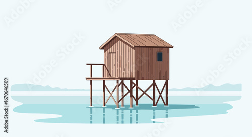 Wooden Cabin On Stilts In Tranquil Waters Scenery Minimalist Backdrop