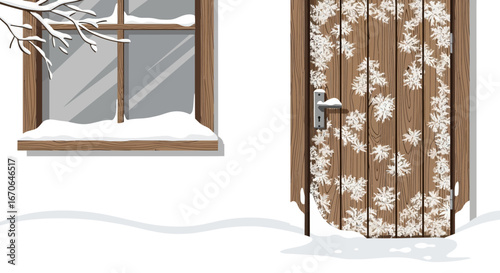 Wooden Cabin Entrance With Snowflakes And Snowy Window In Winter