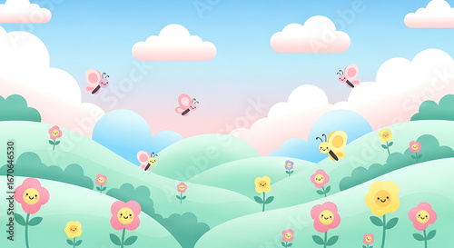Cute spring background with flowers and butterflies art