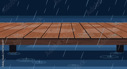 Wooden Pier On A Gloomy Rainy Day Vector Illustration Design