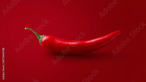 Vibrant red chili pepper resting on a smooth red surface. This image showcases a bold, fresh style perfect for food and culinary themes. Ideal for spicy cuisine visuals and culinary art. AI