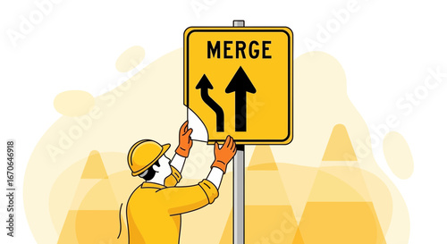 Worker Installs New Merge Sign On The Road To Promote Safe Driving Culture