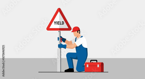 Worker Installs Yield Sign For Highway Safety Regulations Compliance