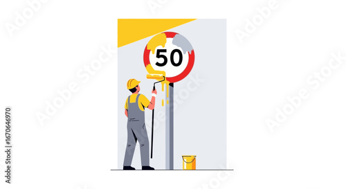 Worker Painting a Speed Limit Sign with Yellow Paint Refreshing Roadside Details