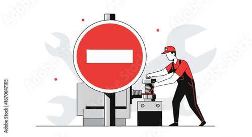 Worker Repairs A Machine Under Prohibited Sign Vector Illustration Design