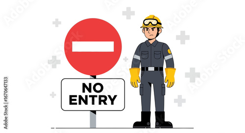 Worker Restricting Entrance With No Entry Sign Representing Safety Measures