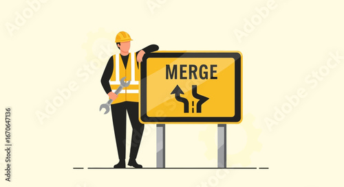 Worker Standing By Merge Road Sign Showing Traffic Convergence Awareness