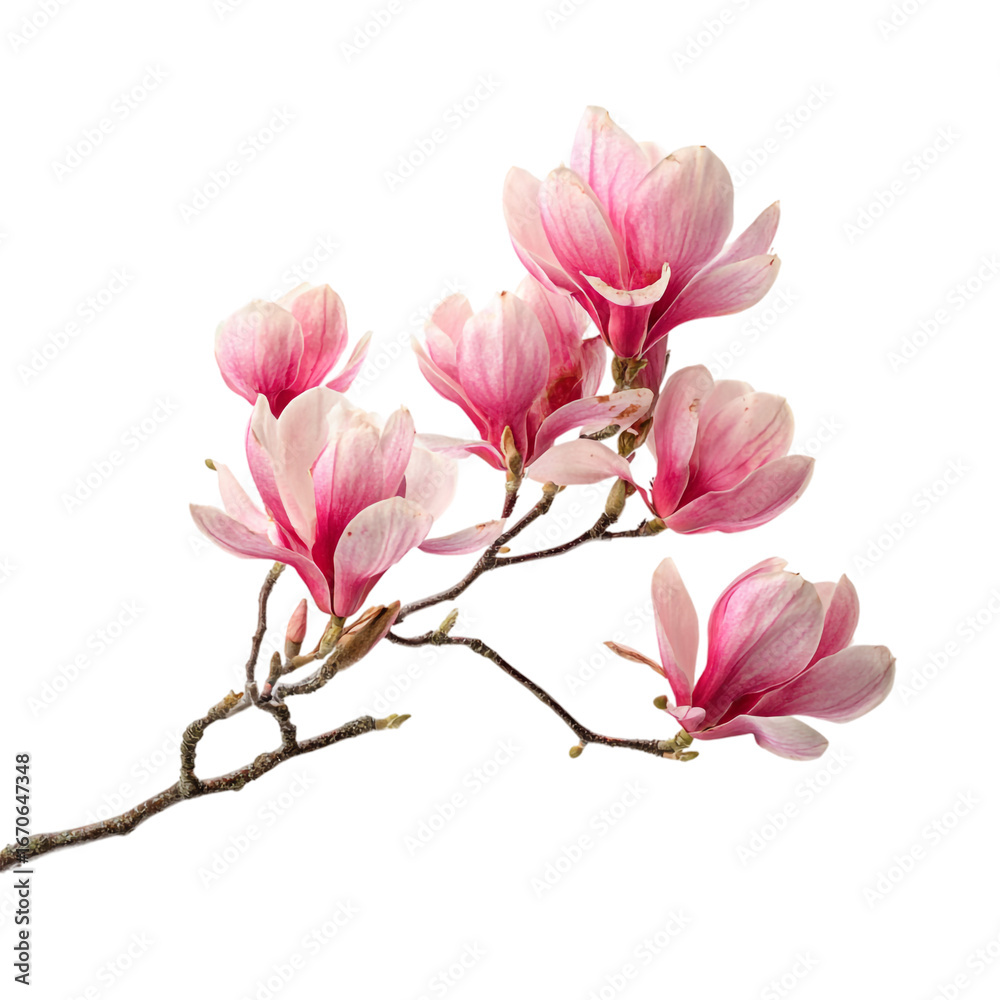 Fototapeta premium Beautiful magnolia branch with pink flowers isolated on transparent background