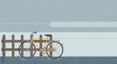 Yellow Bicycle In Rainy Weather Leaning Against The Fence Illustration