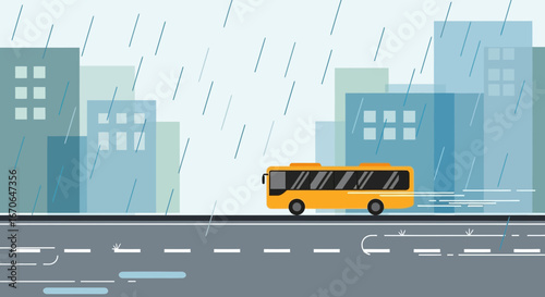 Yellow Bus Drives Along City Street in the Rain Urban Landscape