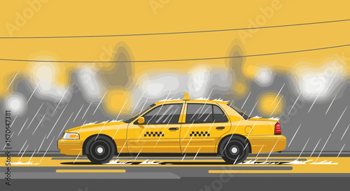 Yellow Cab Navigating City Streets During Rainy Season In Graphic Style