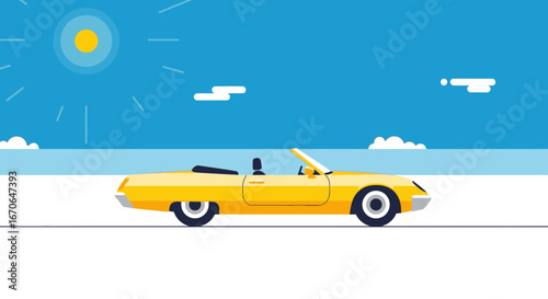 Yellow Convertible Car Driving Under Sunny Sky For Summer Holiday Minimal