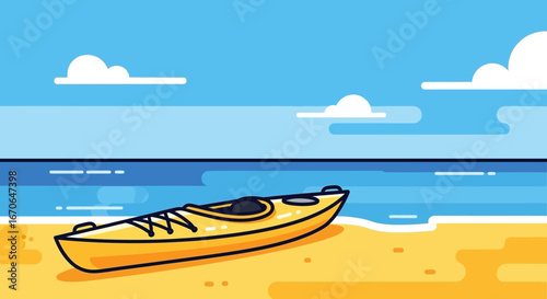 Yellow Kayak Resting on Sandy Shoreline Under Clear Blue Sky Artwork