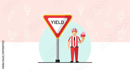 Yield For Delicious Treat Funny Vector Design With Ice Cream Man