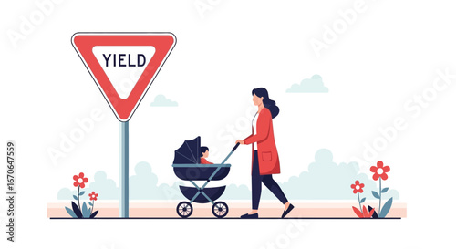 Yield Sign Ahead of Mom Pushing Stroller in a Tranquil Setting Illustration