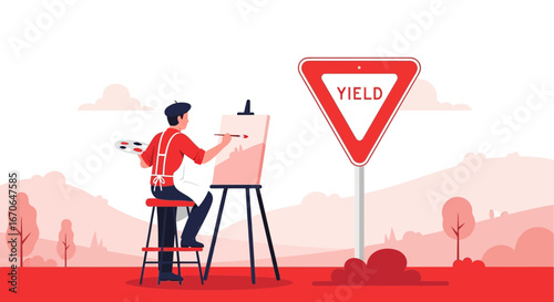 Yield sign and artist painting landscape art on canvas on a creative landscape scene background of nature