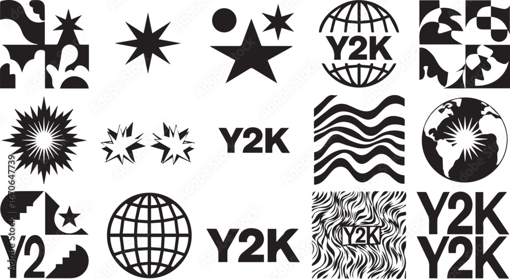 Fototapeta premium Y2k aesthetic graphic design elements with abstract shapes and globes