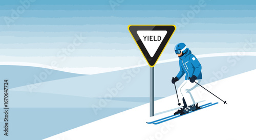 Yield Sign on Snowy Slope Winter Skiing Adventure in Serene Mountain Landscape