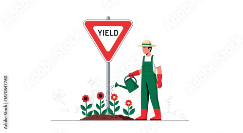 Yield Sign With Gardener Watering Flowers Concept of Agricultural Production