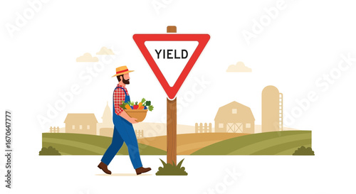 Yield Sign With Farmer Carrying Harvest On Rural Landscape Backdrop