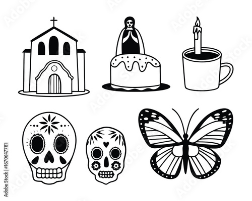 Day of the Dead celebration elements with skulls church cake and butterfly