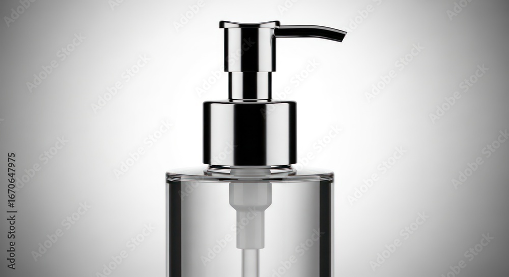 Obraz premium Close up of a clear dispenser with a chrome pump top against white