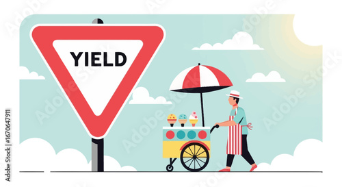 Yield To Sweet Temptation A Vendor Pushing An Ice Cream Cart Beside Sign