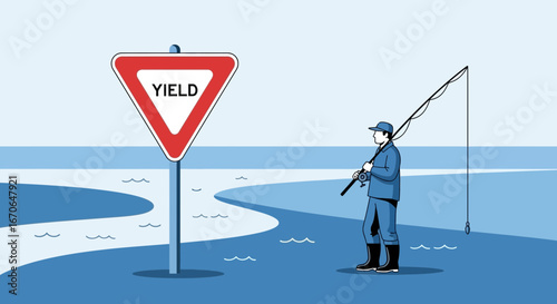 Yield to Opportunity: Angler Casting Near a Warning Sign For Business Strategy