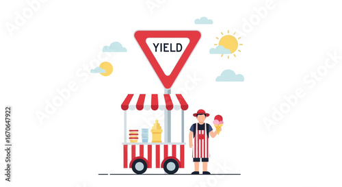 Yield To Sweet Treats Ice Cream Cart On A Sunny Day Illustration