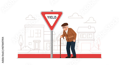 Yield To The Elder Respectful Street Crossing Illustration for Community Safety