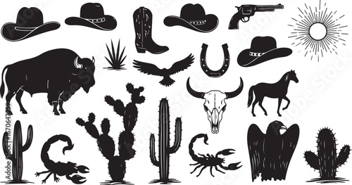 Collection of western and wild west icons in silhouette style