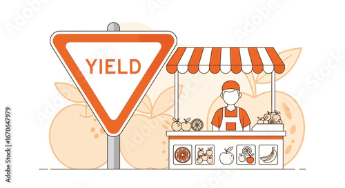 Yield To The Freshness Cartoon Fruit Stand With Produce Sign