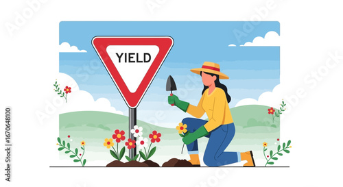 Yielding Nature's Bounty Woman Gardening Near Yield Sign in Blooming Field