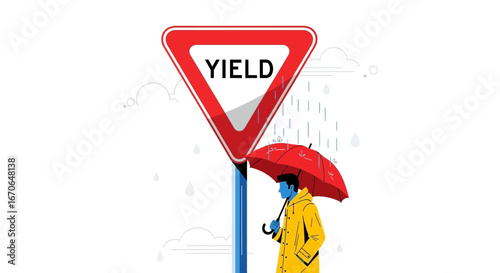 Yielding To Challenges Rainy Illustration With Figure Under Umbrella Sign