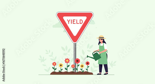 Yielding To Nature's Growth A Woman Cultivates A Flourishing Flowerbed Near A Roadside Sign